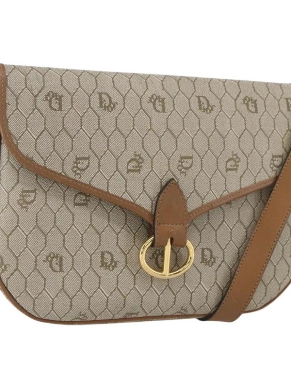 Christian Dior Honeycomb Canvas Shoulder Bag Beige Gold